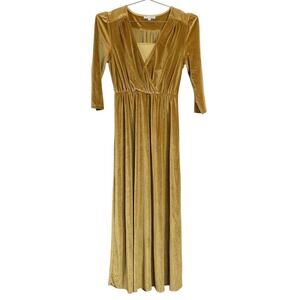 Baltic Born Dress Womens Medium Gold Velvet Maxi 3/4 Sleeve V Neck Elastic Wrap